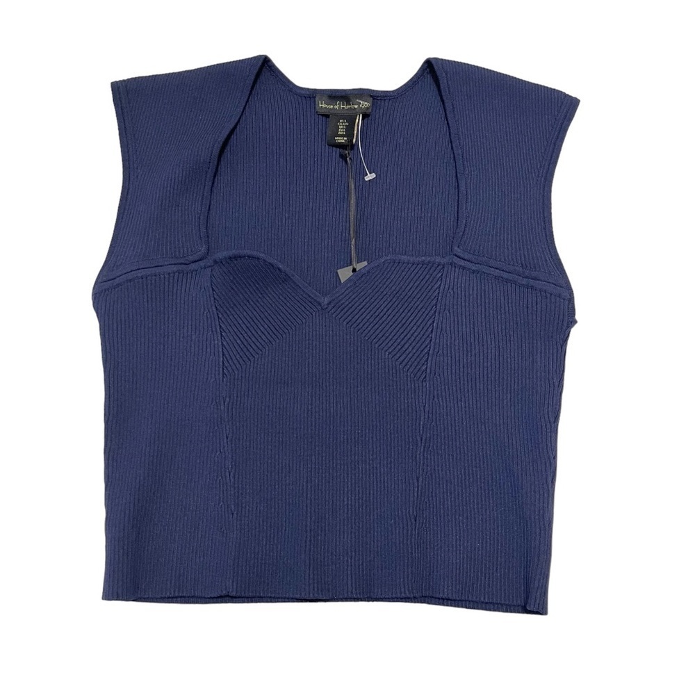 NEW House of Harlow 1960 Navy Ribbed Knit Crop Compression Top US L